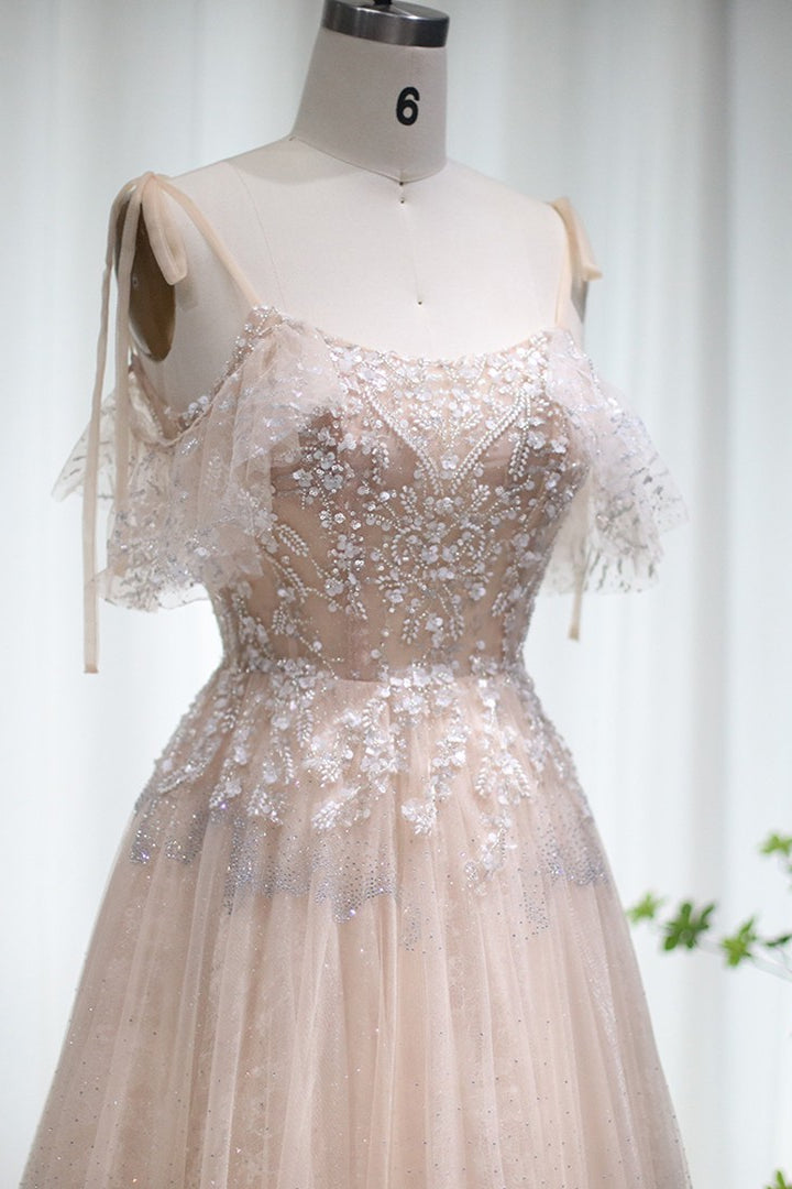 Champagne A Line Prom Dress Spaghetti Straps Evening Dress With Lace Appliques