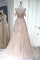 Champagne A Line Prom Dress Spaghetti Straps Evening Dress With Lace Appliques