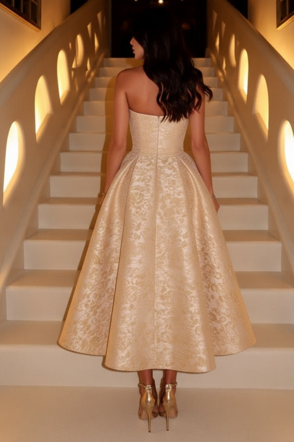 Champagne A Line Prom Dress with Pearl Beading and Tea Length Skirt