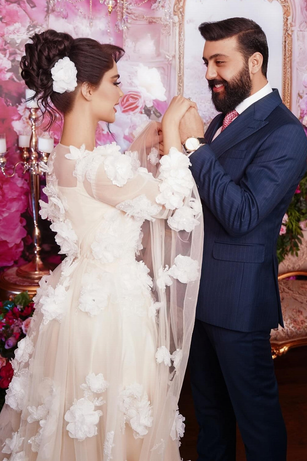 Champagne Beach Wedding Dress A Line Square Beaded Illusion Sleeves Sequined Tulle Bridal Gown With 3D Flowers