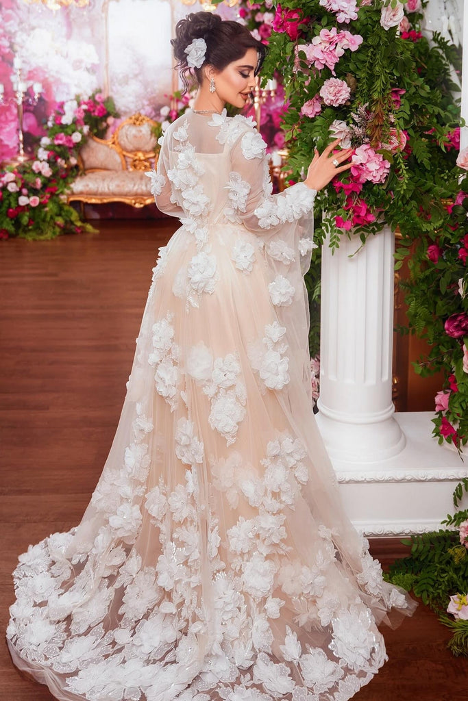 Dreamyannie UK Champagne Beach Wedding Dress A Line Square Beaded Illusion Sleeves Sequined Tulle Bridal Gown With 3D Flowers Dreamyannie UK Champagne Beach Wedding Dress A Line Square Beaded Illusion Sleeves Sequined Tulle Bridal Gown With 3D Flowers