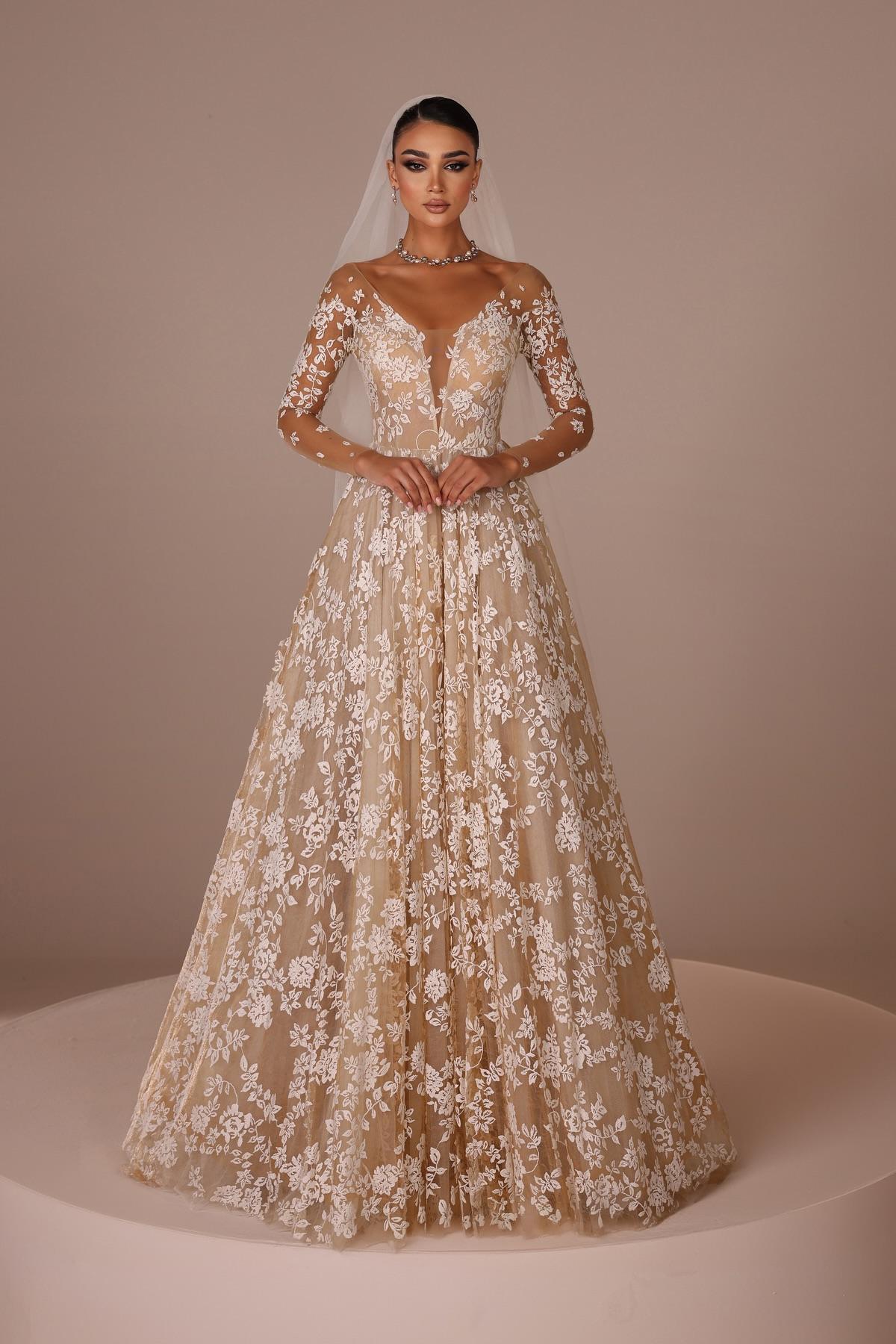 Champagne Beach Wedding Dress A Line V Neck Illusion Sleeves Floor Length Tulle Bridal Gown With Appliques