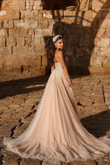 Champagne Beach Wedding Dress Sweetheart A Line Beaded Tulle Bridal Gown with Appliques