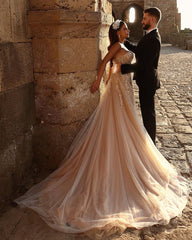 Champagne Beach Wedding Dress Sweetheart A Line Beaded Tulle Bridal Gown with Appliques