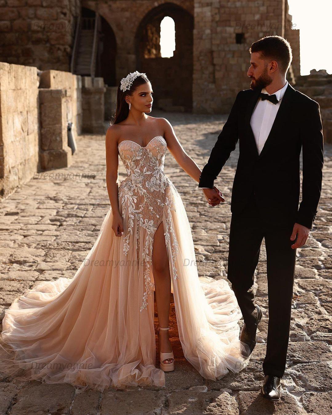 beach wedding dresses champagne Champagne Lace Applique Mermaid Weeding Dress with Spaghetti Straps, Deep V-Neck, and Court Train