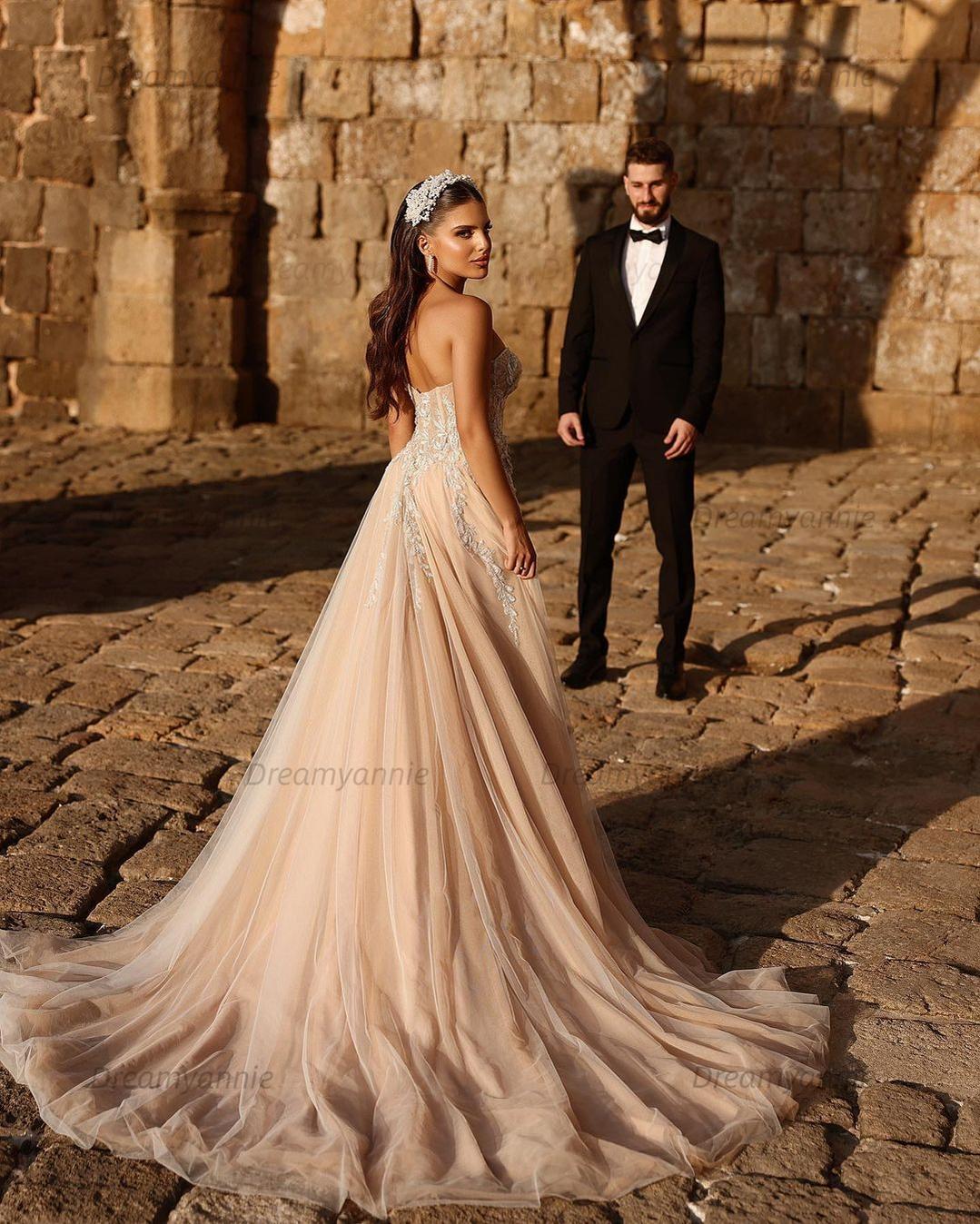 Dreamyannie Women Champagne Beach Wedding Dress Sweetheart A Line Tulle Bridal Gown with Appliques – Dreamyannie UK
