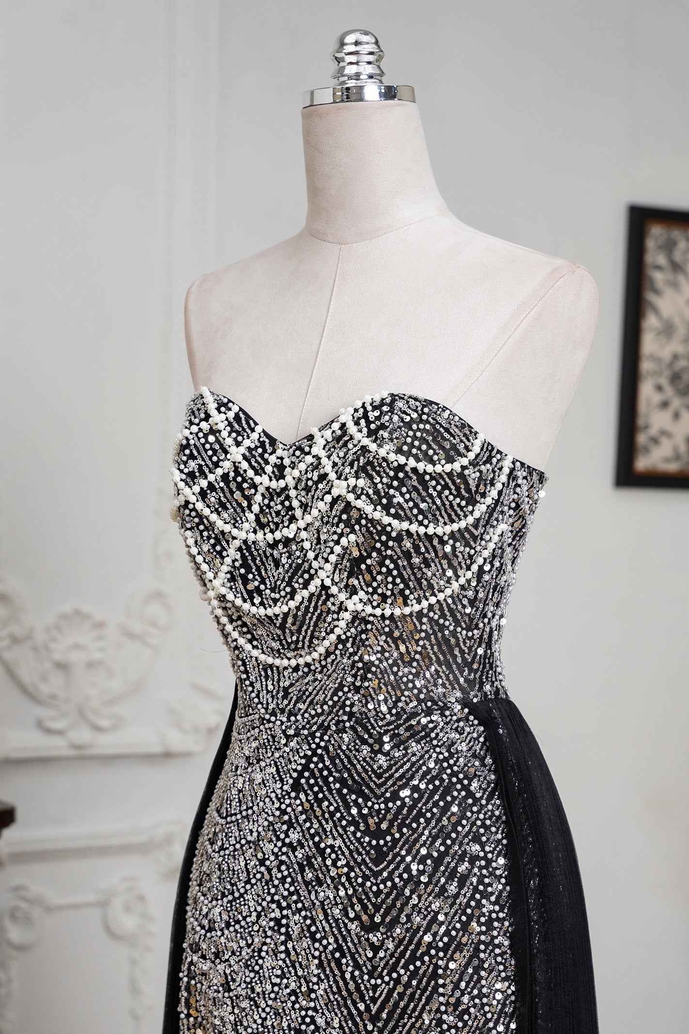 Champagne Beaded Formal Dress Strapless Sheath Prom Wedding Party Dress with Panel Train