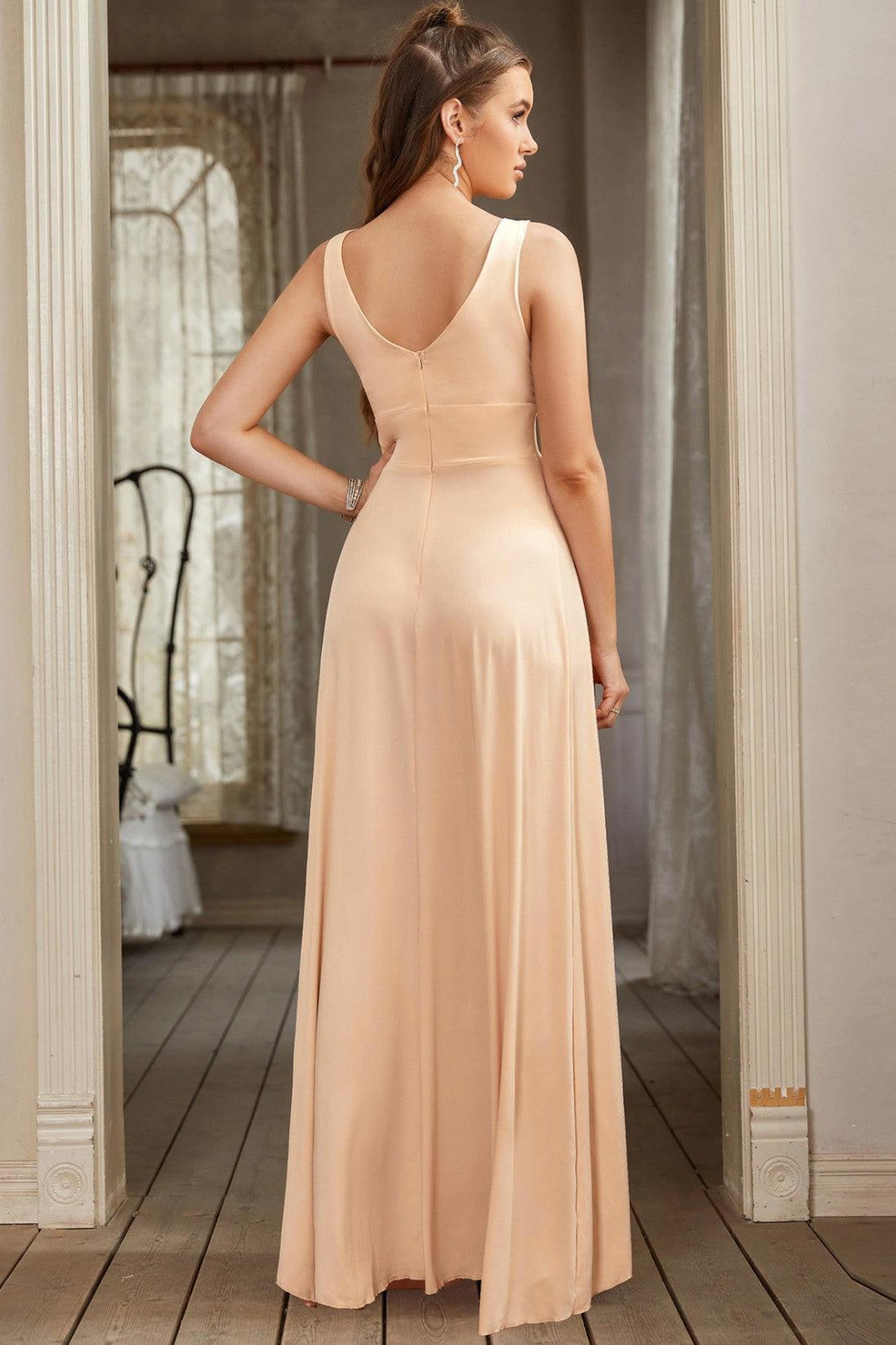 Dreamyannie Women Navy Bridesmaid Dress Sleeveless V Neck Evening Dress  With Slit – Dreamyannie UK