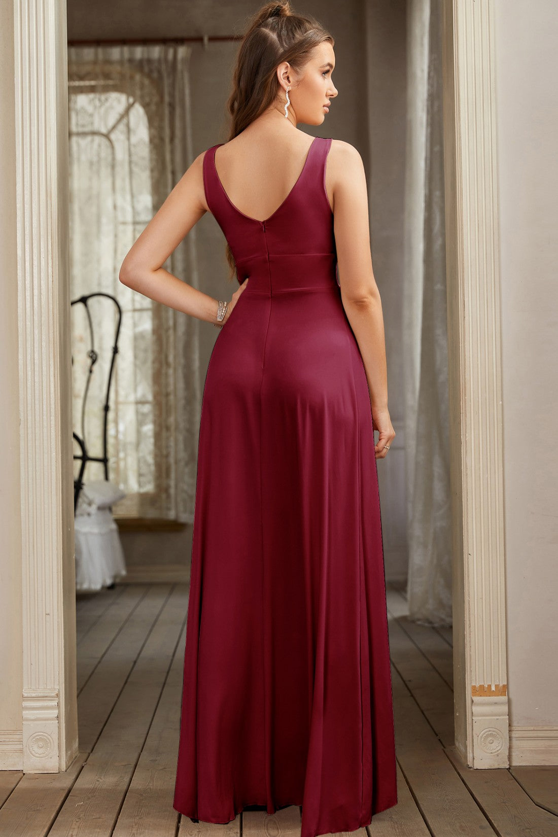 Champagne Bridesmaid Dress Sleeveless V Neck Evening Dress With Slit