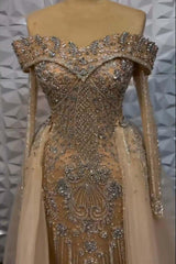 Champagne Detachable Train Prom Dress Long Sleeve Off the Shoulder Beaded Evening Dress