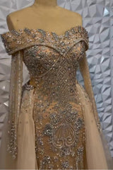 Champagne Detachable Train Prom Dress Long Sleeve Off the Shoulder Beaded Evening Dress