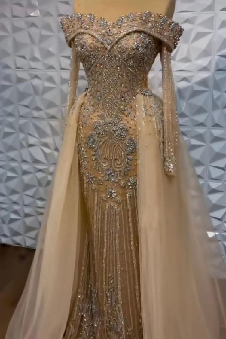 Champagne Detachable Train Prom Dress Long Sleeve Off the Shoulder Beaded Evening Dress
