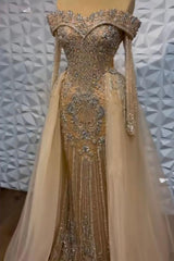Champagne Detachable Train Prom Dress Long Sleeve Off the Shoulder Beaded Evening Dress