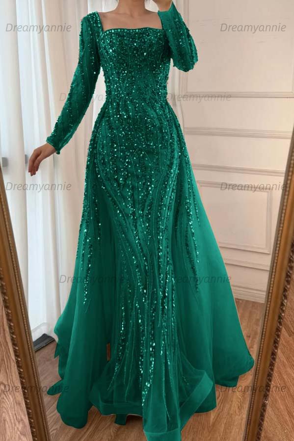 Champagne Detachable Train Prom Dress Long Sleeve Square Neck Beaded Evening Dress
