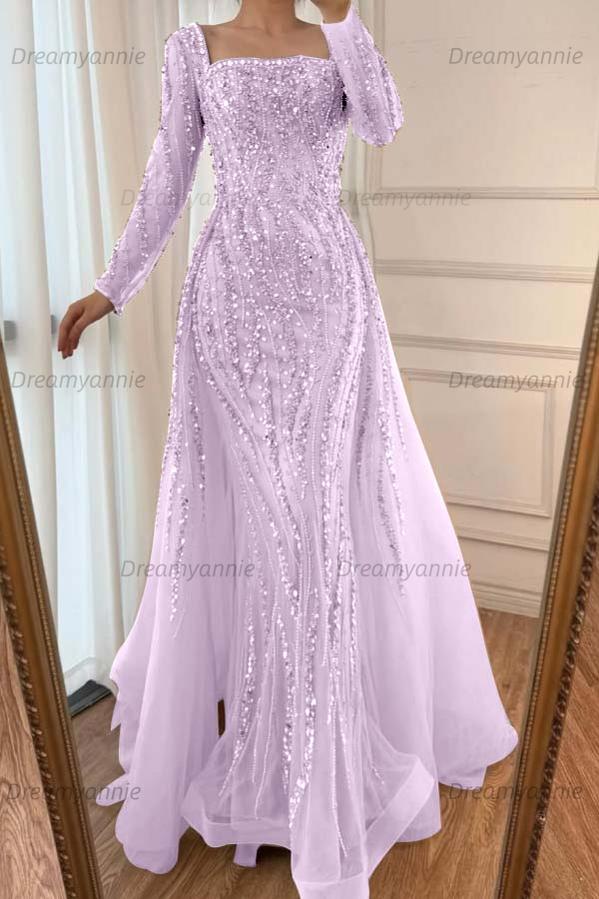Champagne Detachable Train Prom Dress Long Sleeve Square Neck Beaded Evening Dress
