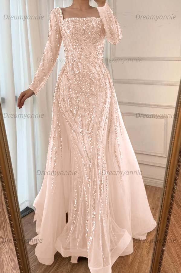 Champagne Detachable Train Prom Dress Long Sleeve Square Neck Beaded Evening Dress