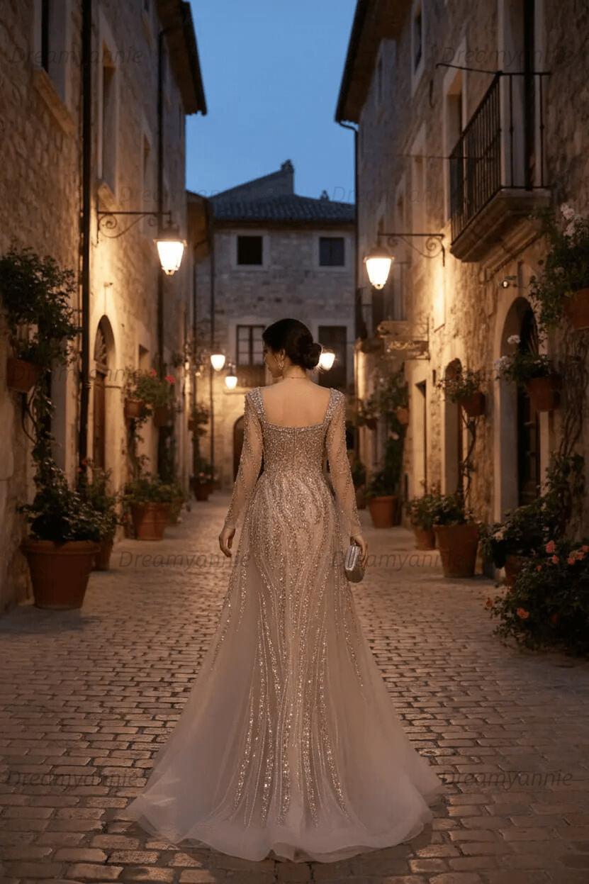 Champagne Detachable Train Prom Dress Long Sleeve Square Neck Beaded Evening Dress