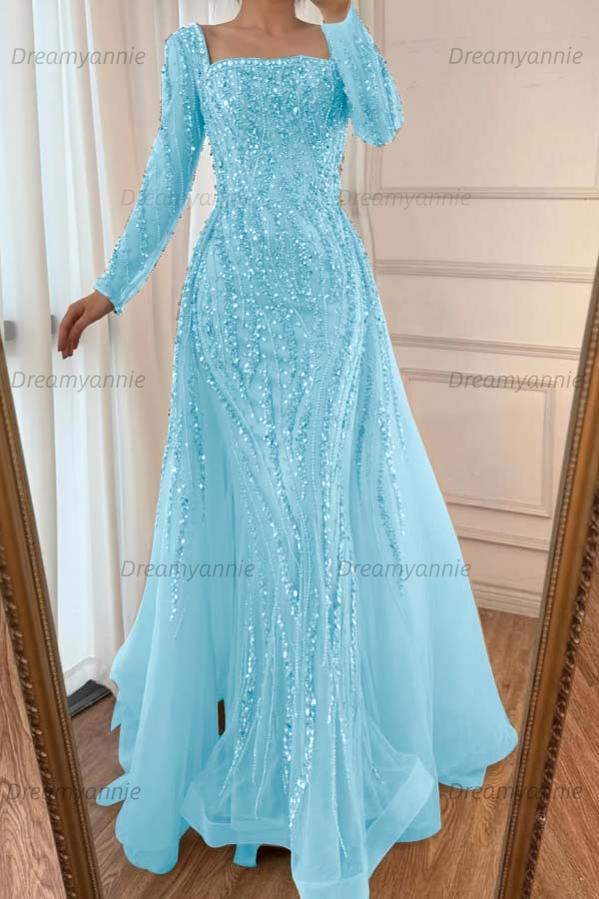 Champagne Detachable Train Prom Dress Long Sleeve Square Neck Beaded Evening Dress