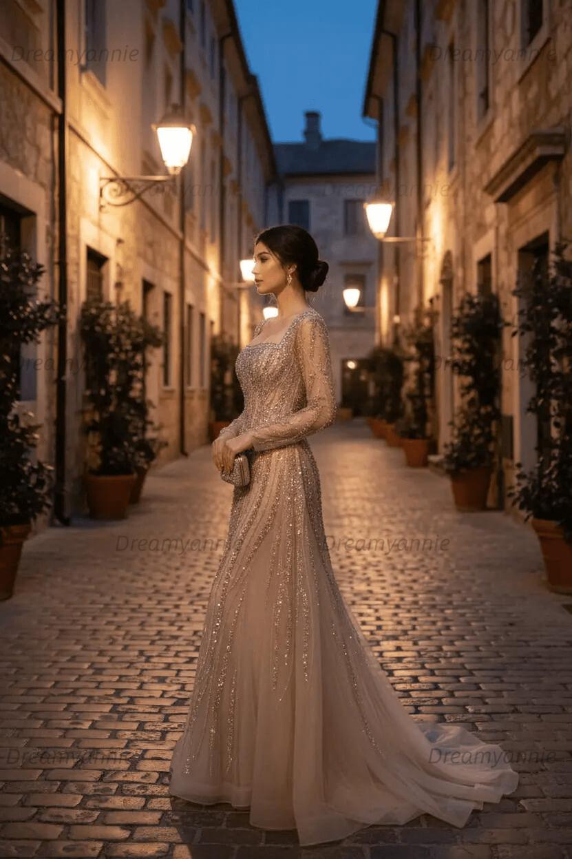 Champagne Detachable Train Prom Dress Long Sleeve Square Neck Beaded Evening Dress