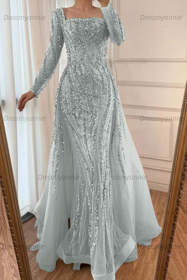 Champagne Detachable Train Prom Dress Long Sleeve Square Neck Beaded Evening Dress
