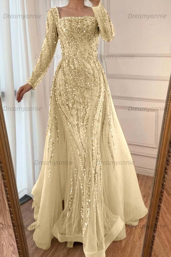 Champagne Detachable Train Prom Dress Long Sleeve Square Neck Beaded Evening Dress