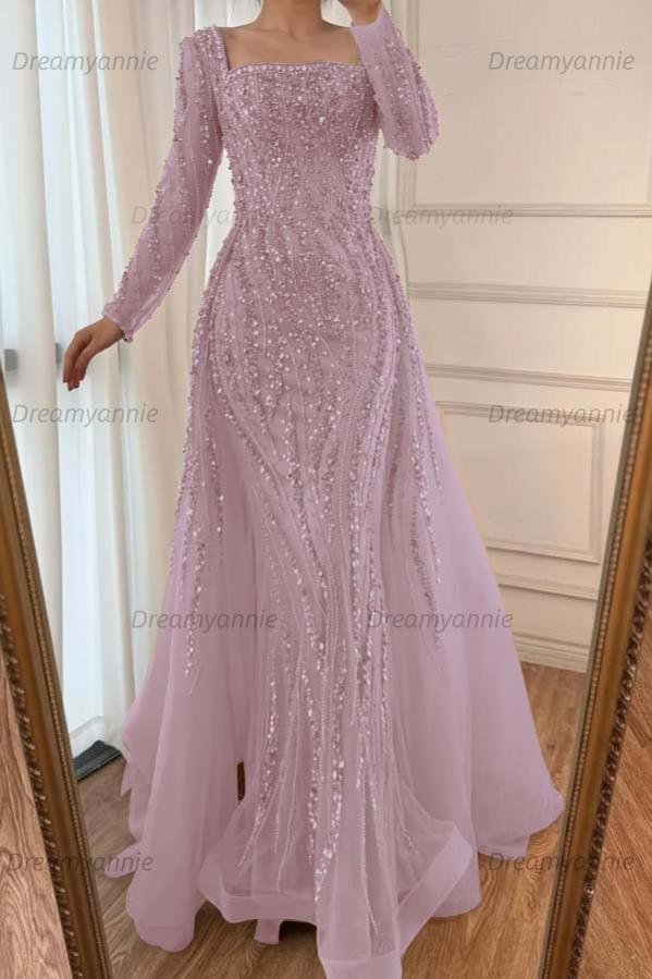 Champagne Detachable Train Prom Dress Long Sleeve Square Neck Beaded Evening Dress