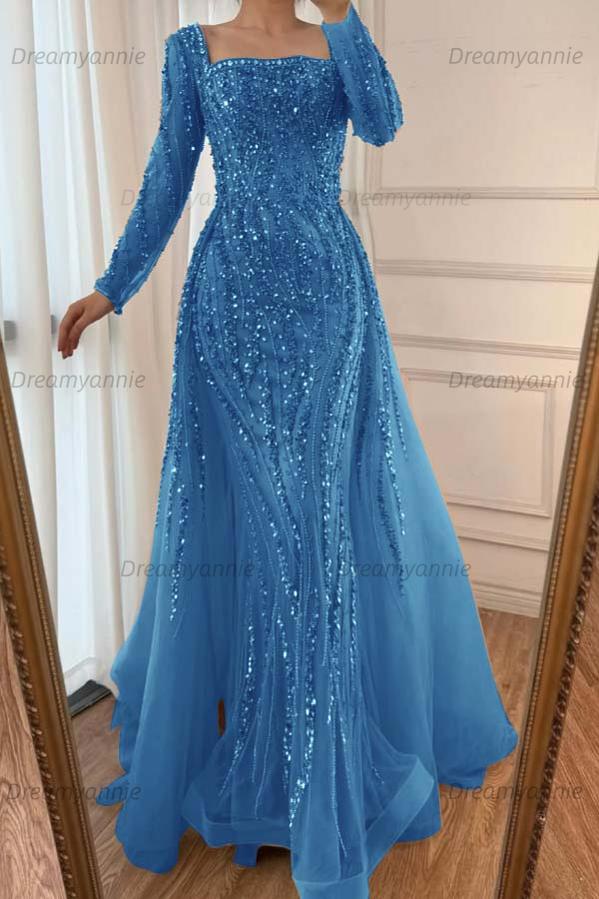 Champagne Detachable Train Prom Dress Long Sleeve Square Neck Beaded Evening Dress