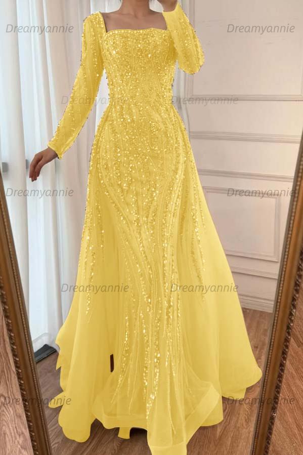 Champagne Detachable Train Prom Dress Long Sleeve Square Neck Beaded Evening Dress