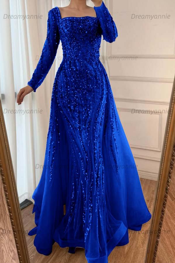 Champagne Detachable Train Prom Dress Long Sleeve Square Neck Beaded Evening Dress