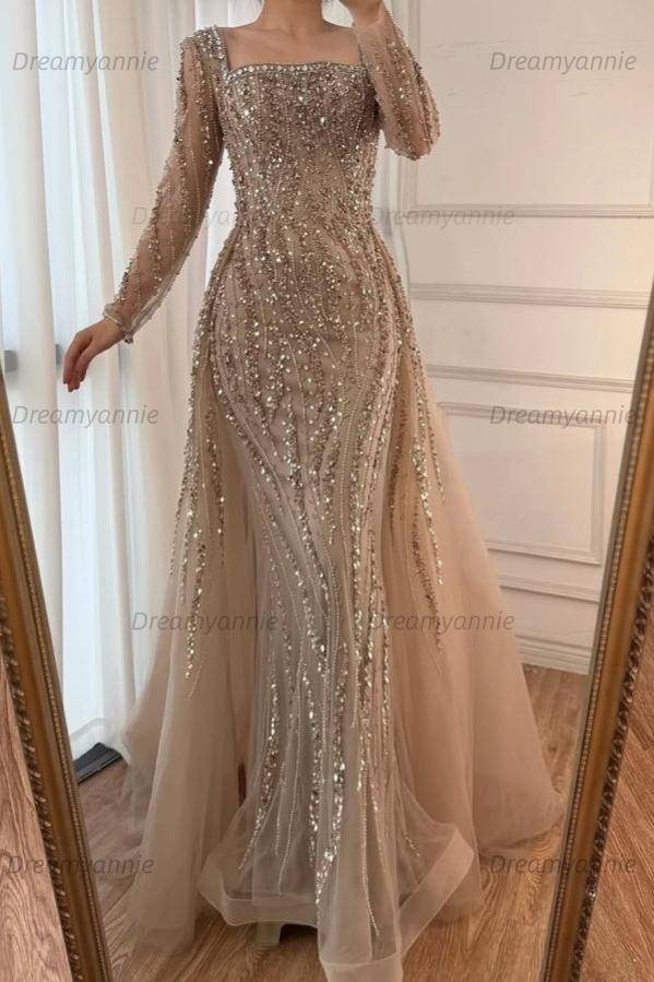 Champagne Detachable Train Prom Dress Long Sleeve Square Neck Beaded Evening Dress