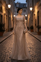 Champagne Detachable Train Prom Dress Long Sleeve Square Neck Beaded Evening Dress