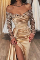 Champagne Evening Dress Off the Shoulder Long Sleeves Sequin Satin Prom Dress