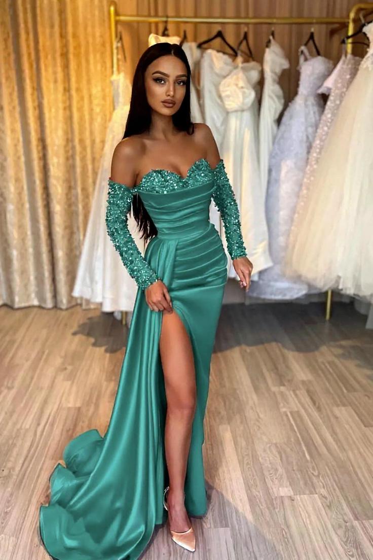 Champagne Evening Dress Off the Shoulder Long Sleeves Sequin Satin Prom Dress