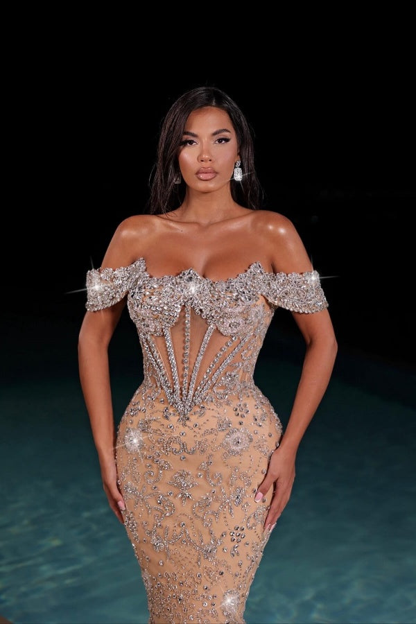 Champagne Evening Dress Off the Shoulder Tulle Corset Prom Dress with Rhinestones