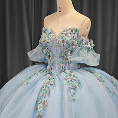 Blue Fairy Princess Quinceanera Dress Off Shoulder Sweep Train Prom Party Gown Ball Gown Dress