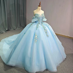 Blue Fairy Princess Quinceanera Dress Off Shoulder Sweep Train Prom Party Gown Ball Gown Dress