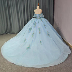 Blue Fairy Princess Quinceanera Dress Off Shoulder Sweep Train Prom Party Gown Ball Gown Dress