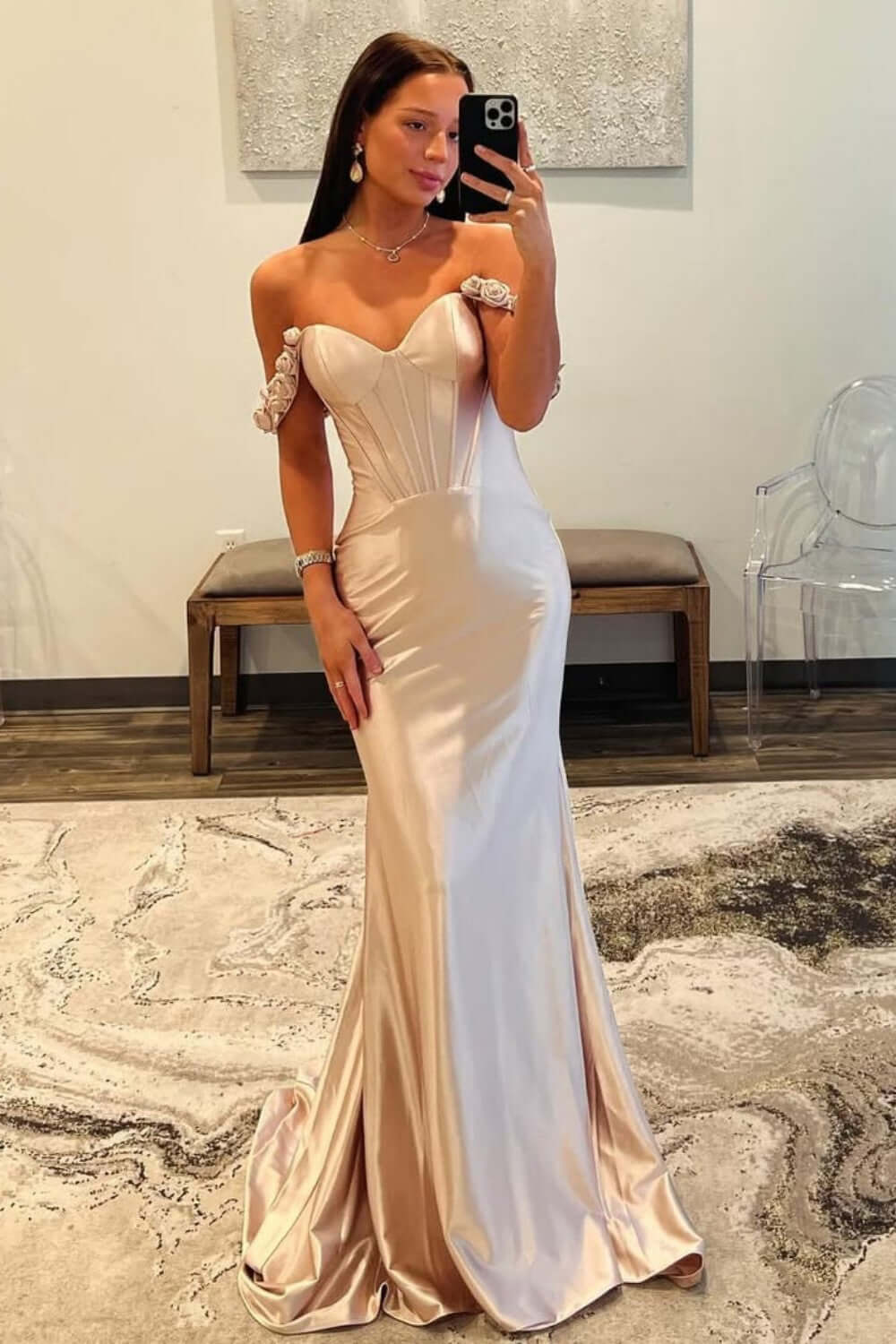 Champange Prom Dress Off The Shoulder Corset Long Formal Dress