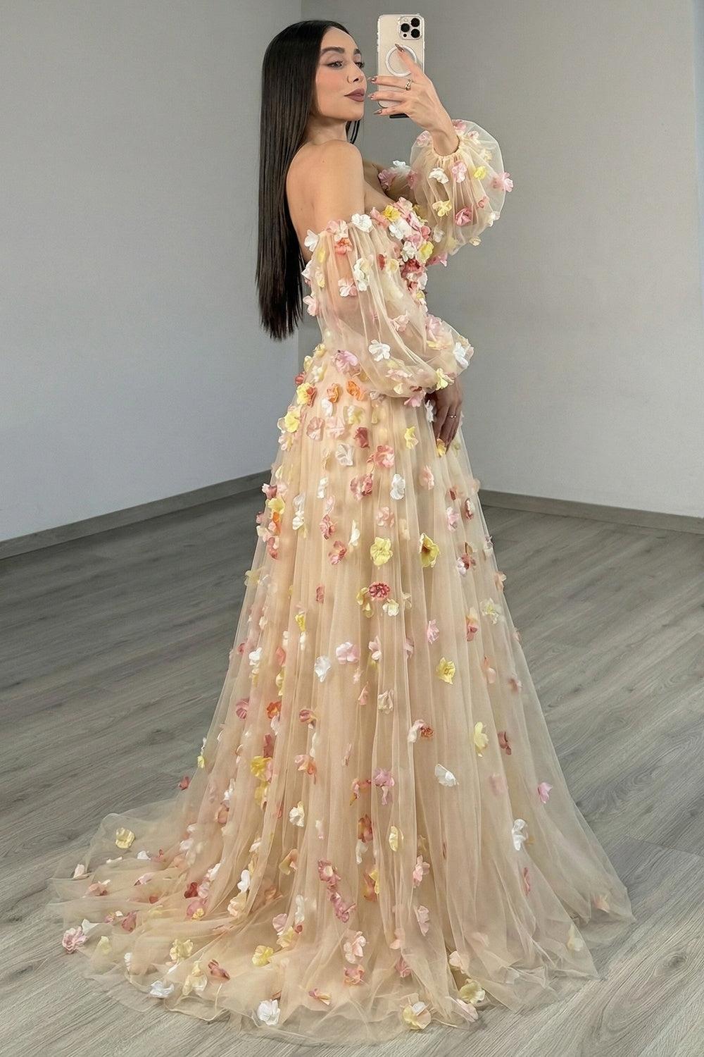 Champagne Floral Prom Dress Tulle A Line Long Formal Dress With Sleeves