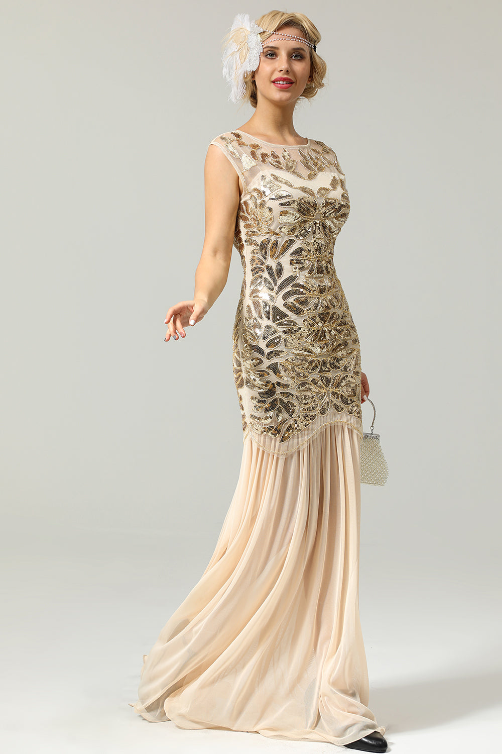 Champagne Gold 1920s Cap Sleeves Long Flapper Evening Dress