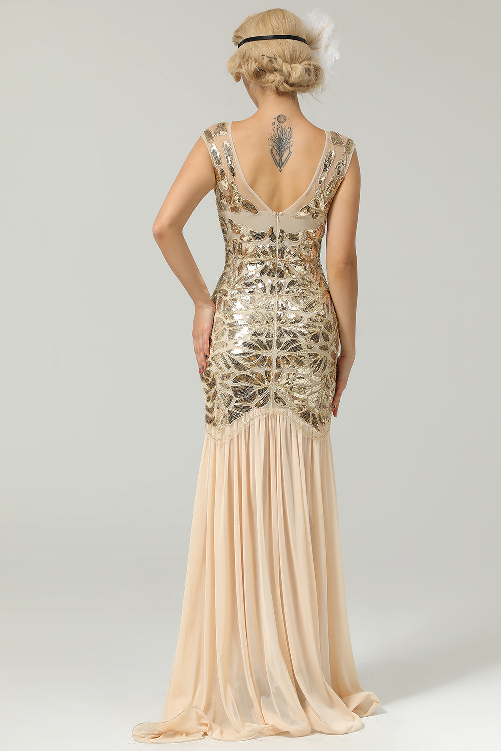 Champagne Gold 1920s Cap Sleeves Long Flapper Evening Dress