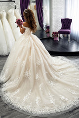 Champagne Lace Ball Gown Wedding Dress with Off Shoulder Straps and Long Train