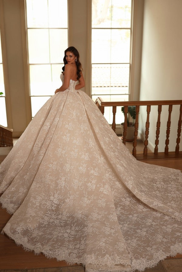 Champagne Lace Ball Gown Wedding Dress with Sweetheart Neckline and Cathedral Train
