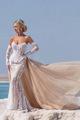 Champagne Lace Mermaid Wedding Dress with Detachable Sleeves and Overskirt