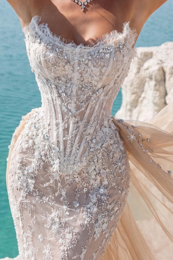 Champagne Lace Mermaid Wedding Dress with Detachable Sleeves and Overskirt