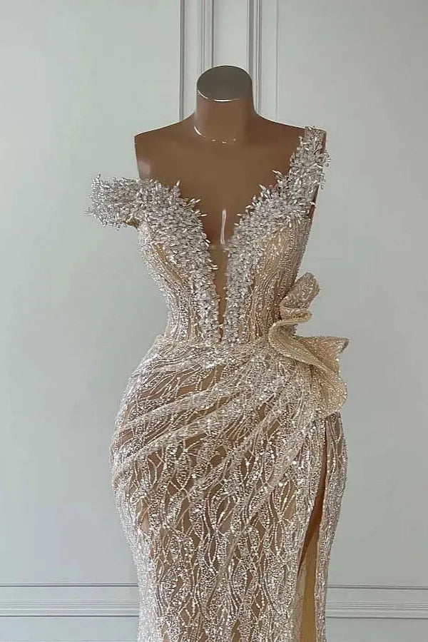 Champagne Mermaid Prom Dress Asymmetric Evening Dress With Lace Appliques