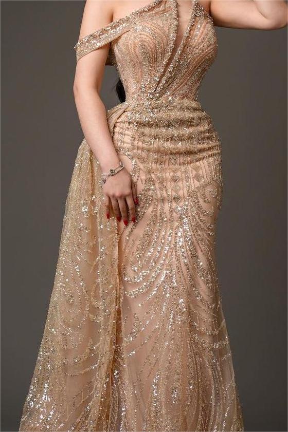 Champagne Mermaid Prom Dress Asymmetric Neck Beaded Evening Dress