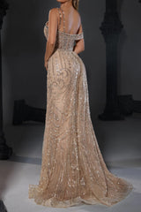 Champagne Mermaid Prom Dress Asymmetric Neck Beaded Evening Dress