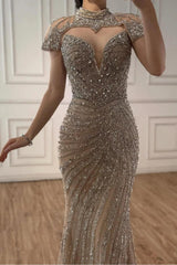 Champagne Mermaid Prom Dress High Neck Sequined Evening Dress