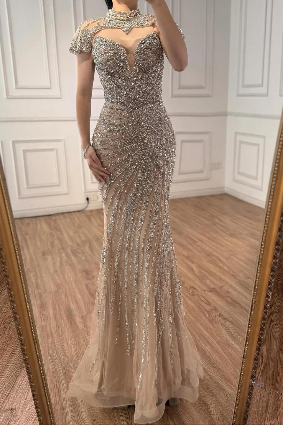 Champagne Mermaid Prom Dress High Neck Sequined Evening Dress